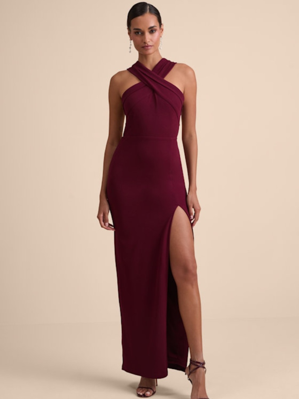 Lulus Head To Cocktail Hour Burgundy Halter Neck Maxi Dress Red - Size L